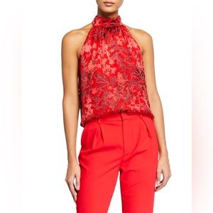 Alice & Olivia Ingrid Floral Print Satin Halter Top in Red size M